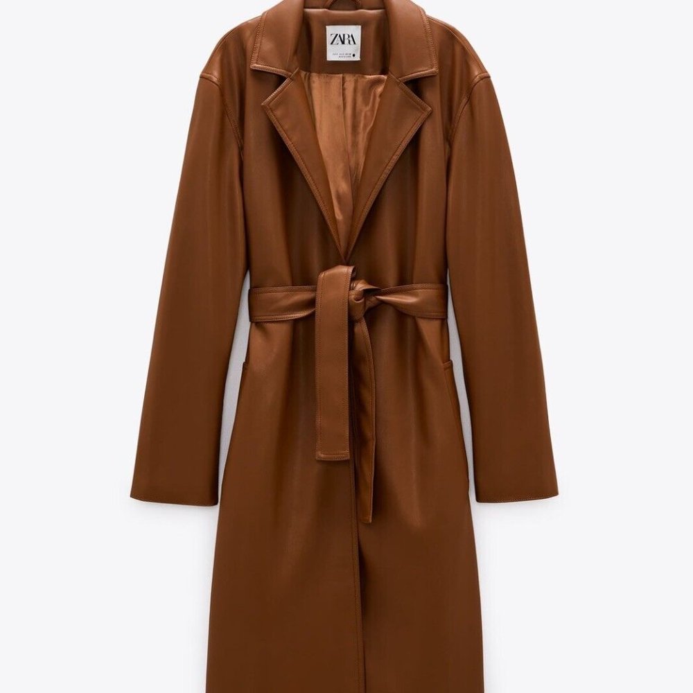 NWT ZARA Camel/Brown Faux Leather Belted Trench Coat, Sz L
